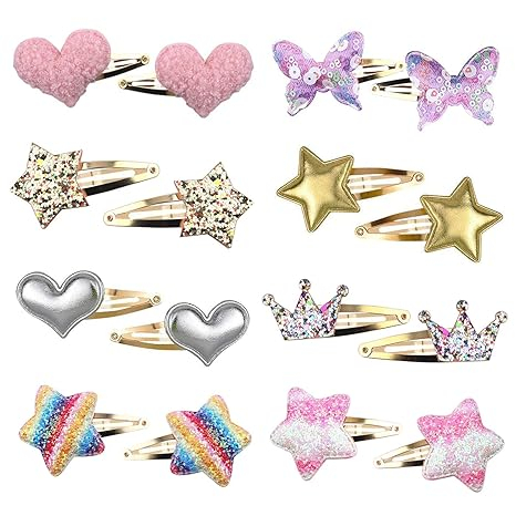 8 Pairs of Star, Crown, Heart, Butterfly Shaped Barrettes and Pins